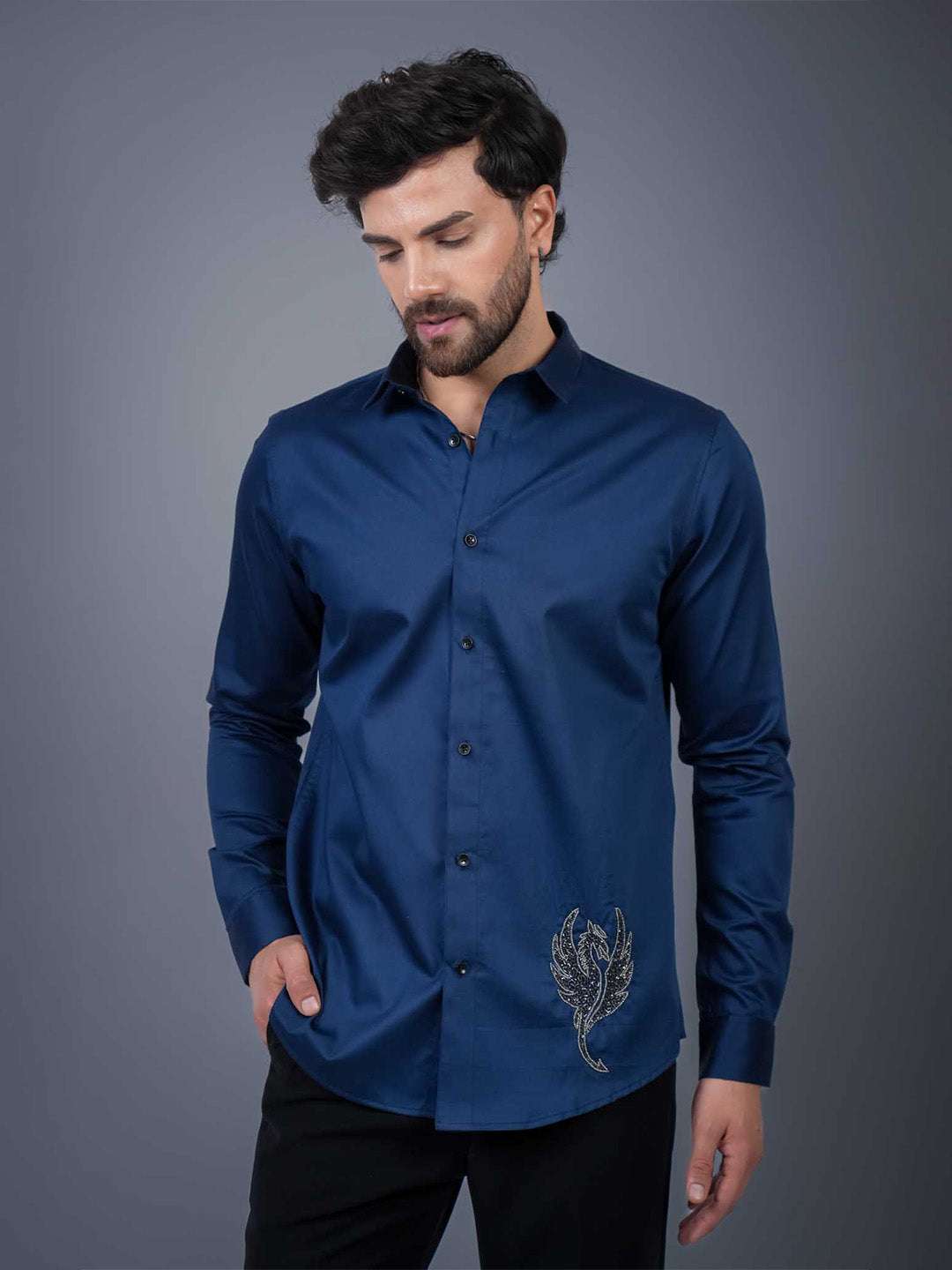 Navy Sequin Cotton Satin Slim Fit Shirt