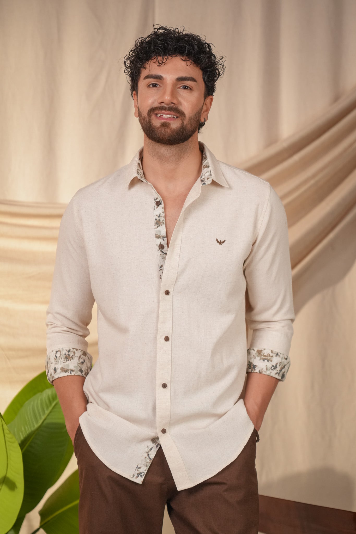 Beige Natural Grains Printed Linen Cotton Slim Fit Shirt