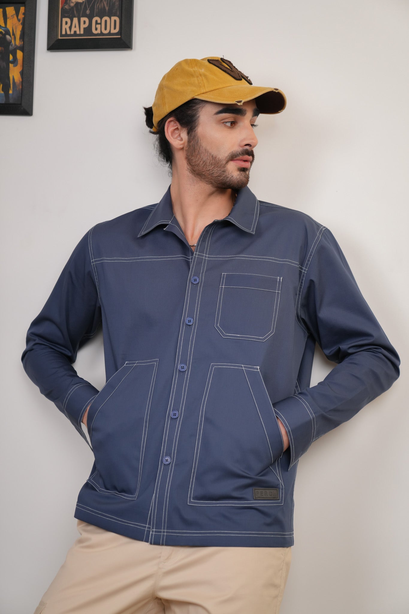 Slate Blue Solid Heavy Cotton Twill Boxy Fit Shirt For Men