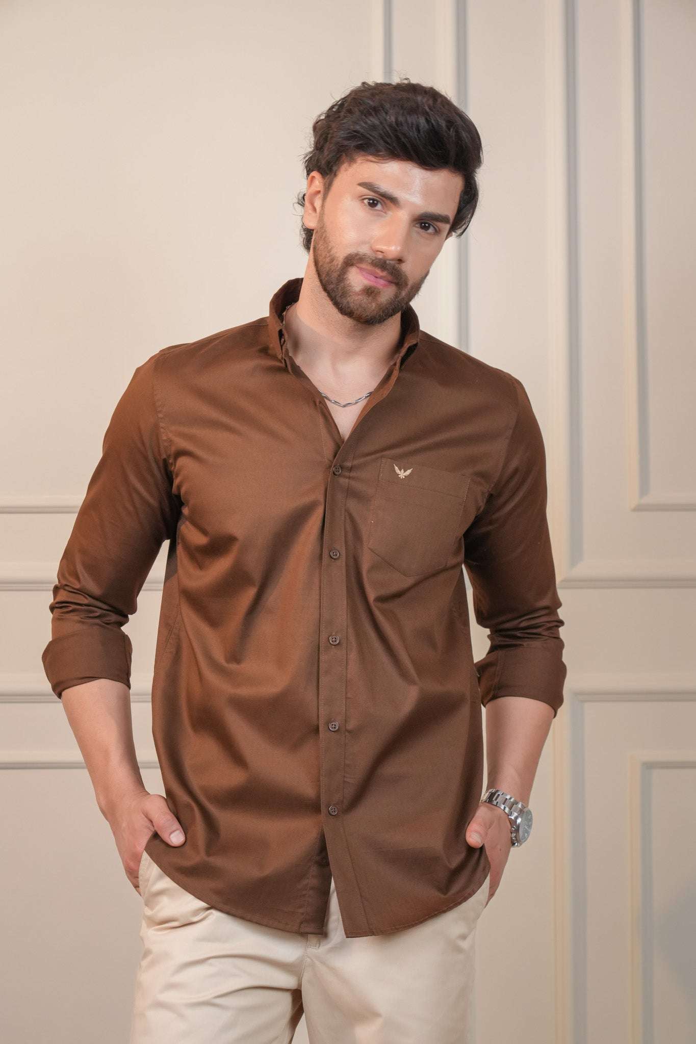 Brown Solid Cotton Twill  Slim Fit Shirt