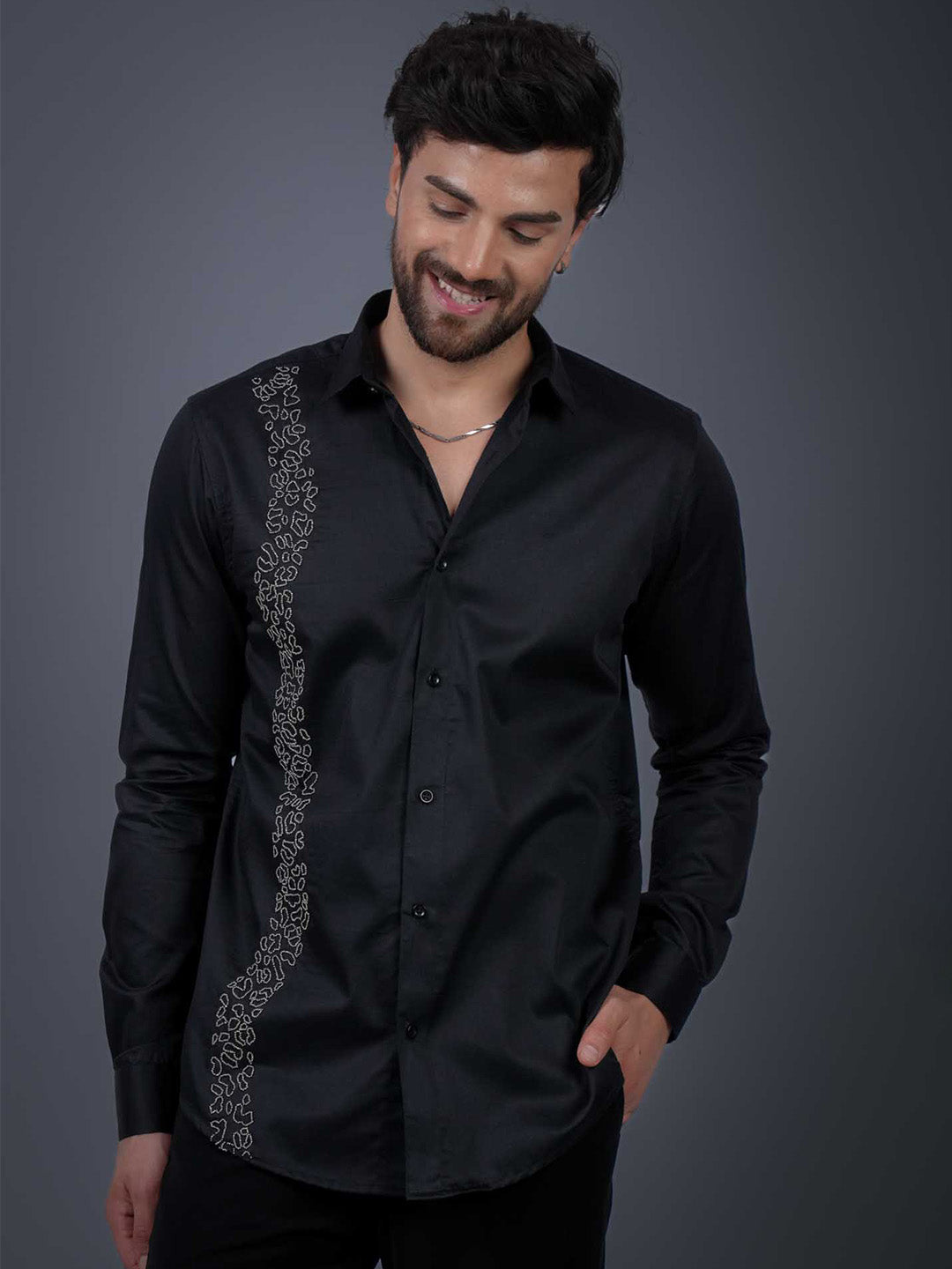 Black Sequin Cotton Satin Slim Fit Shirt