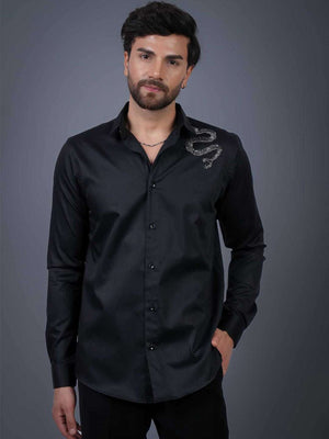 Black Sequin Cotton Satin Slim Fit Shirt