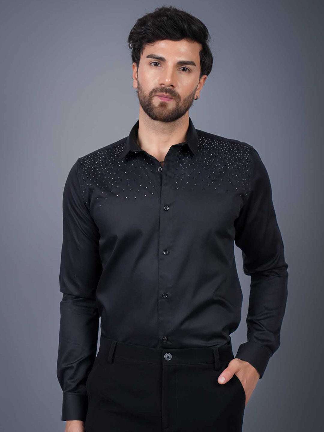 Black Sequin Cotton Satin Slim Fit Shirt