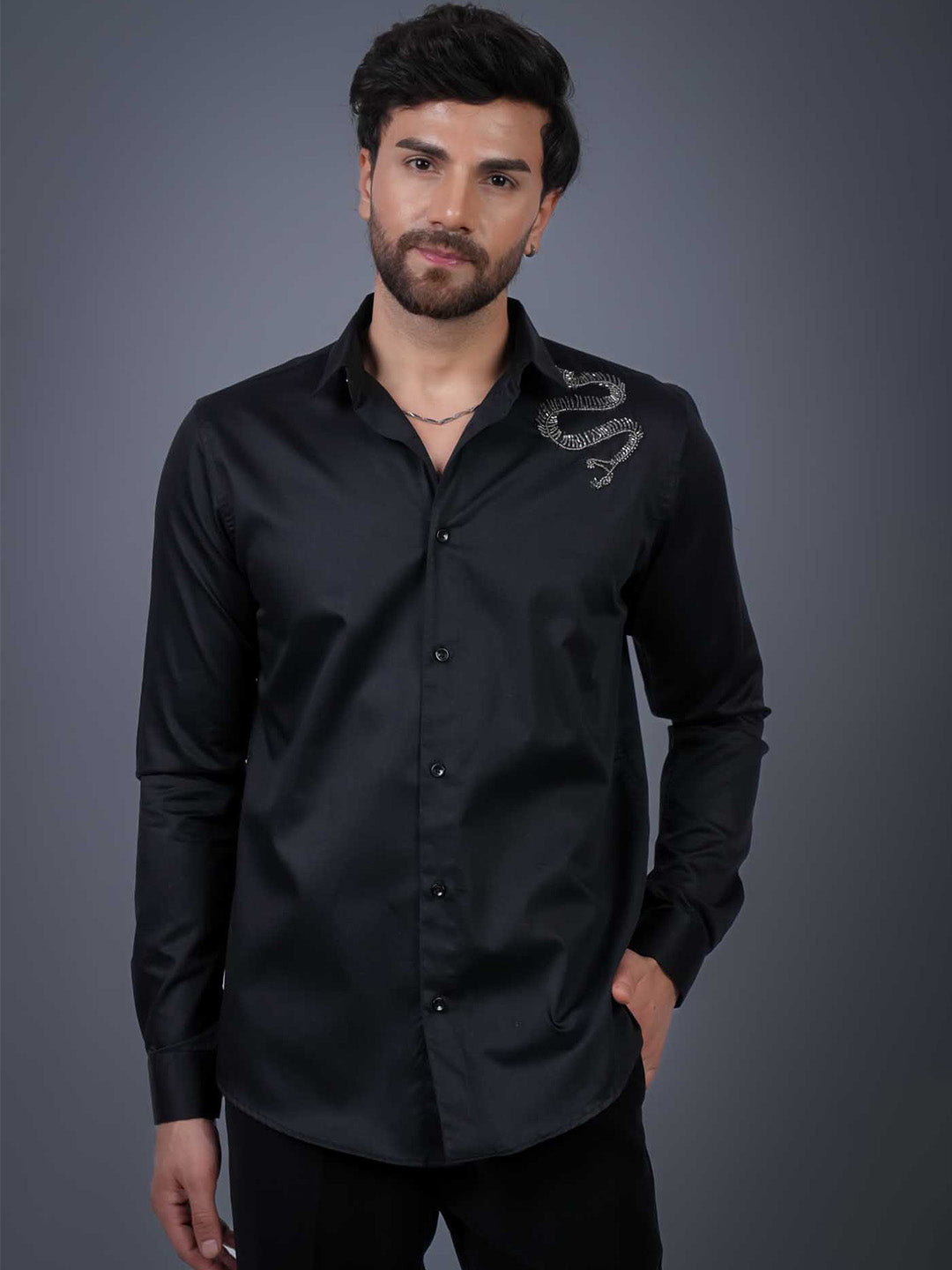 Black Sequin Cotton Satin Slim Fit Shirt