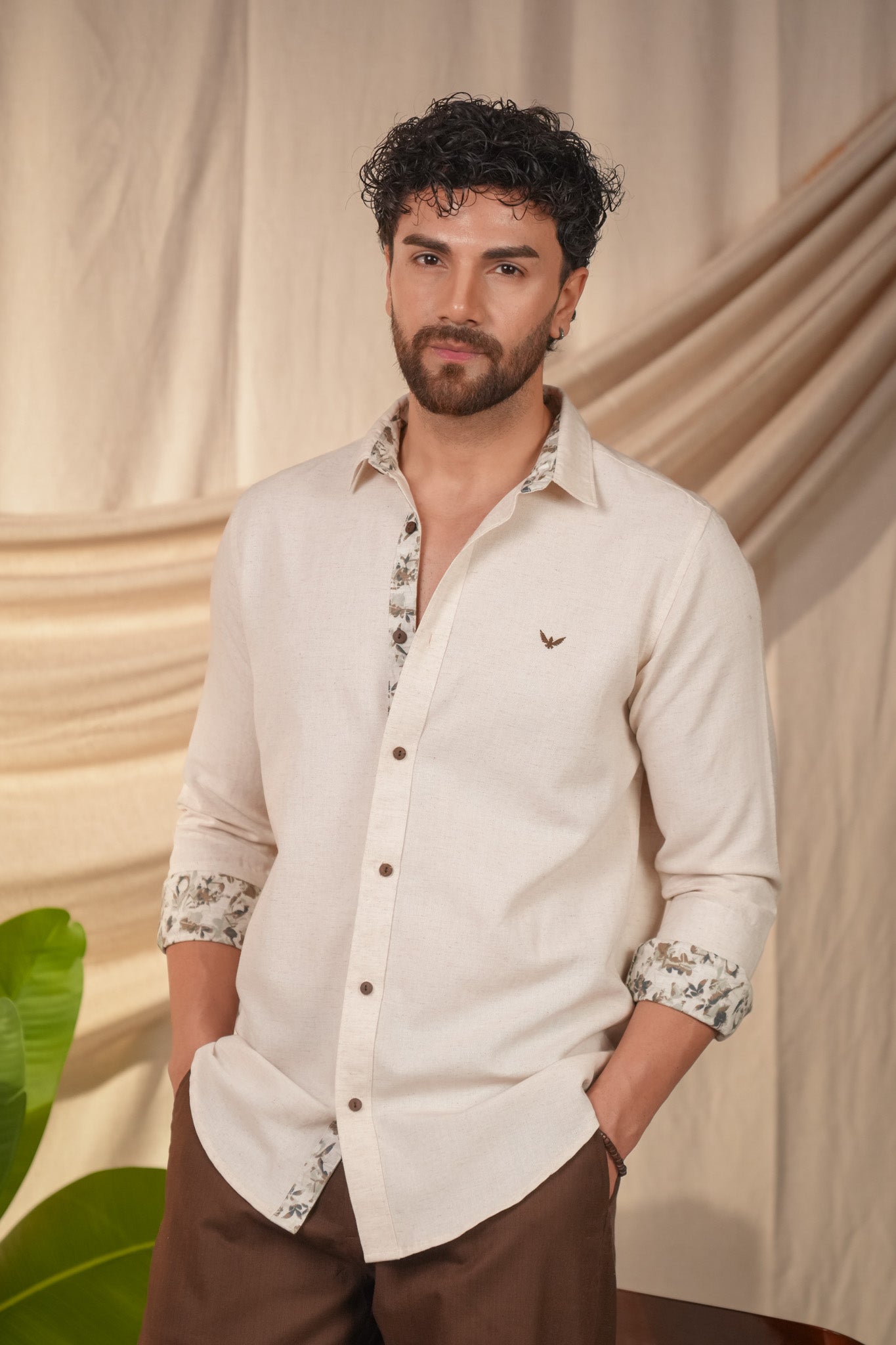 Beige Natural Grains Printed Linen Cotton Slim Fit Shirt