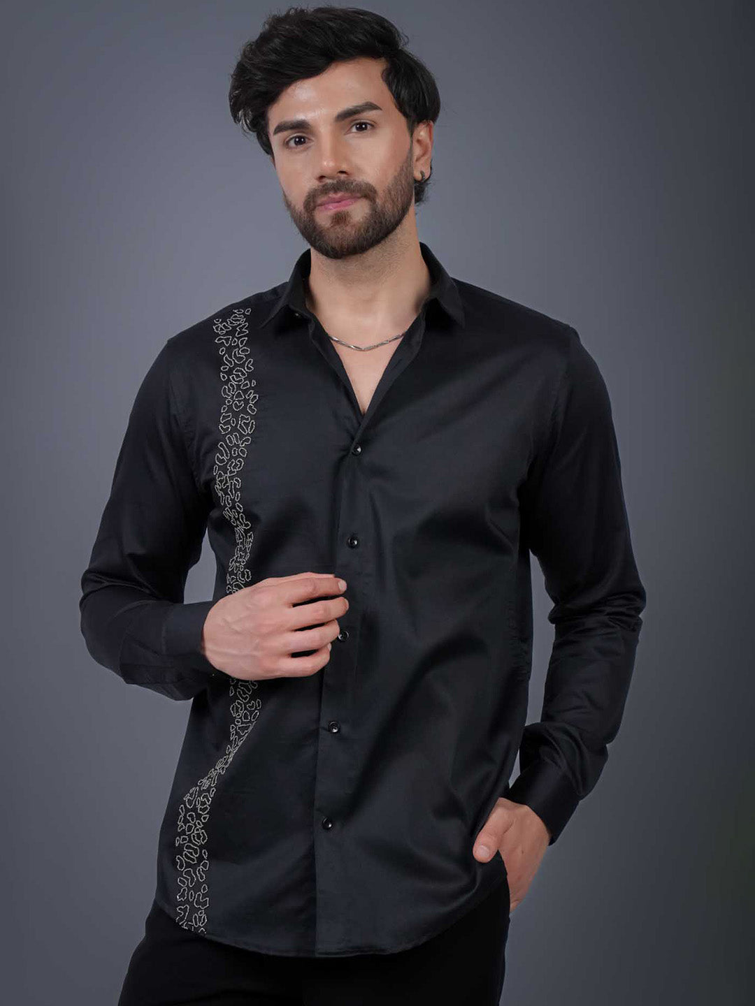 Black Sequin Cotton Satin Slim Fit Shirt