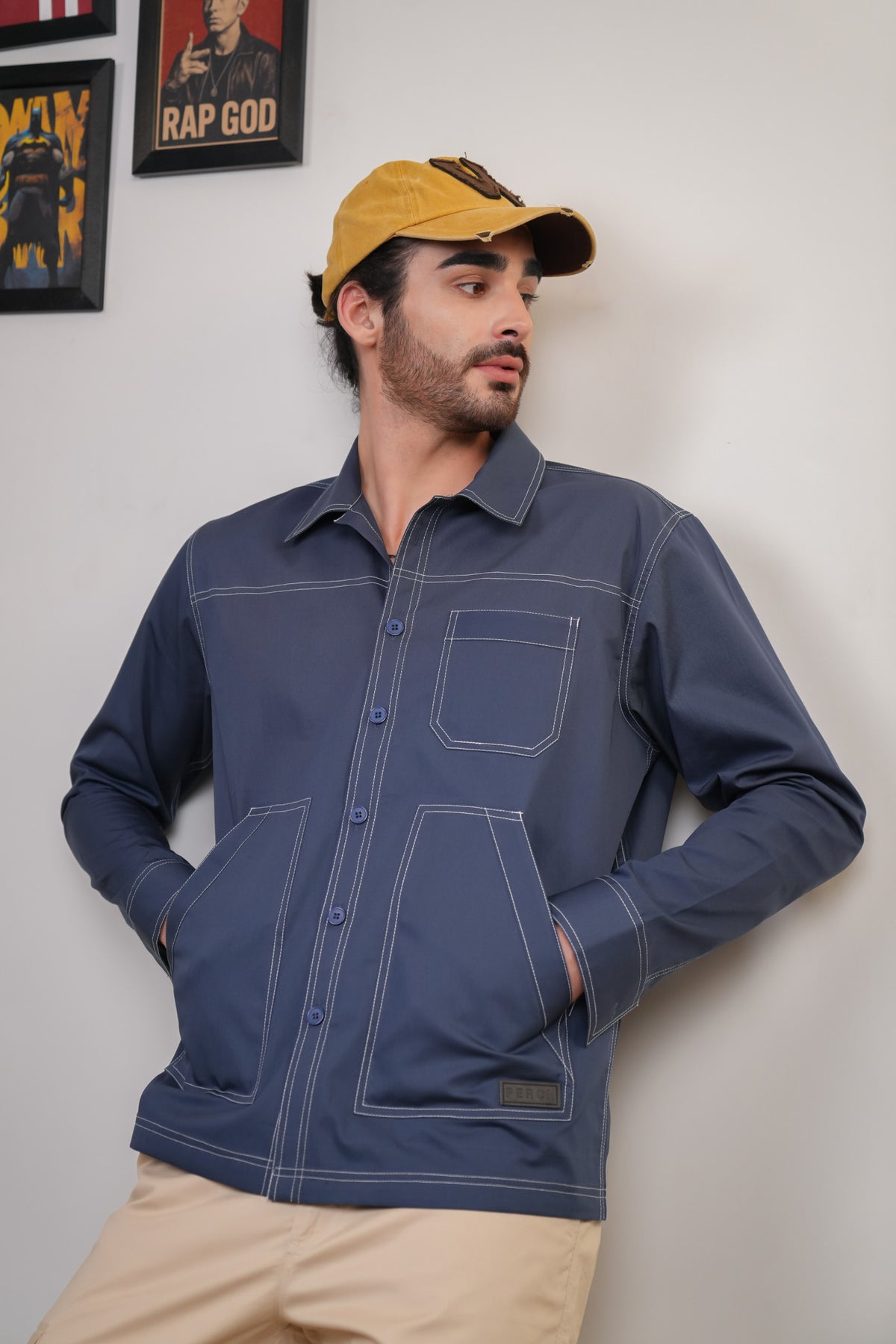 Slate Blue Solid Heavy Cotton Twill Boxy Fit Shirt For Men
