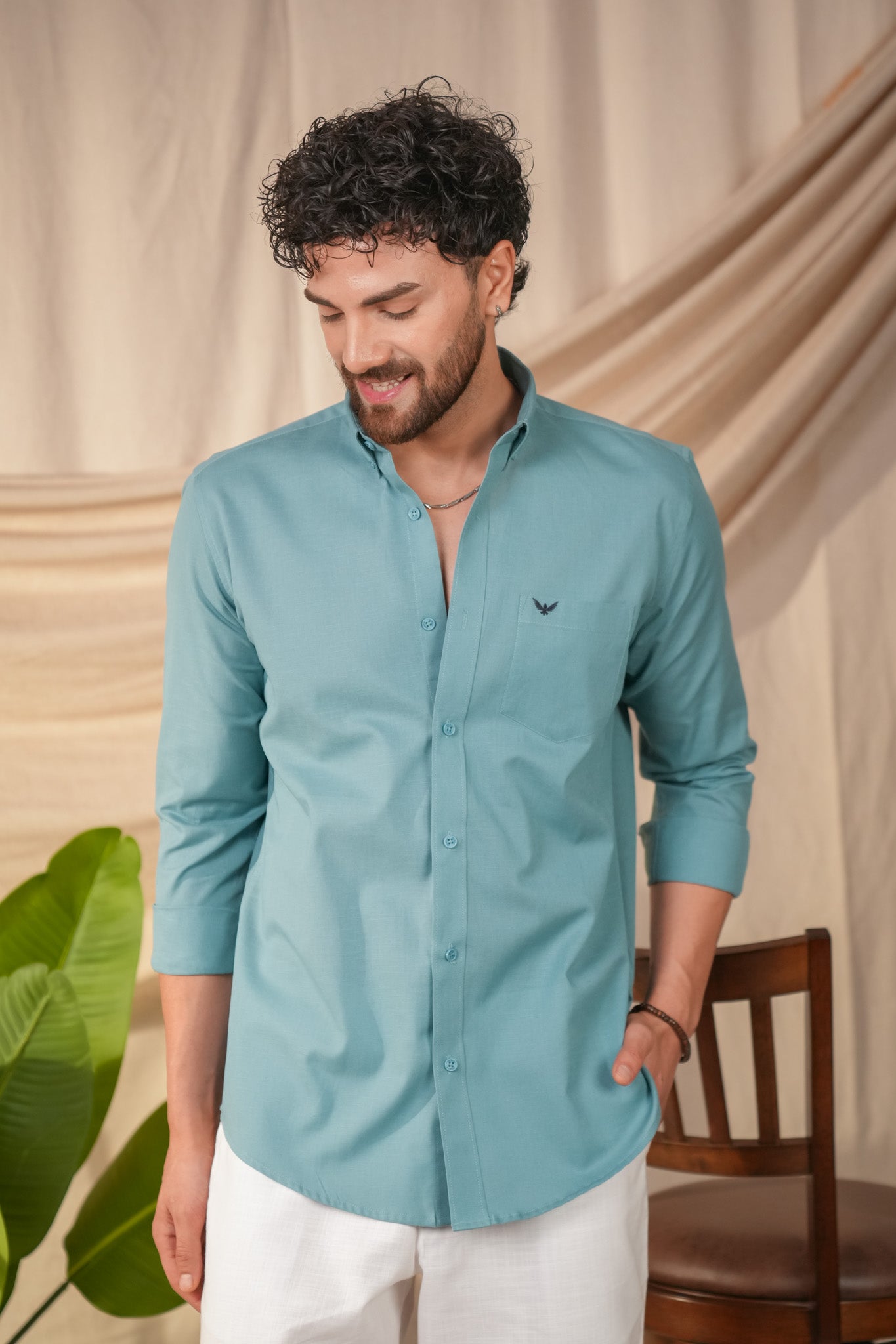 Turqoise Blue Solid Pre-Washed Linen Cotton Slim Fit Shirt