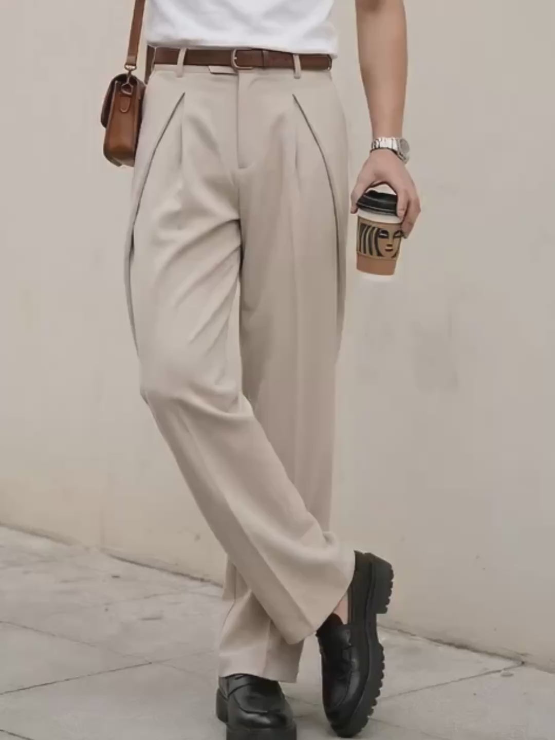 Cream Solid Loose Fit Overpleat Korean Pant