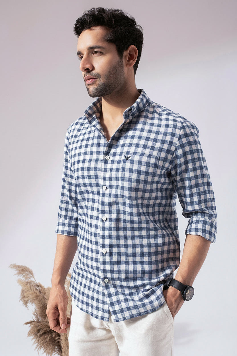 Blue Checks Pre-Washed Linen Blend Shirt