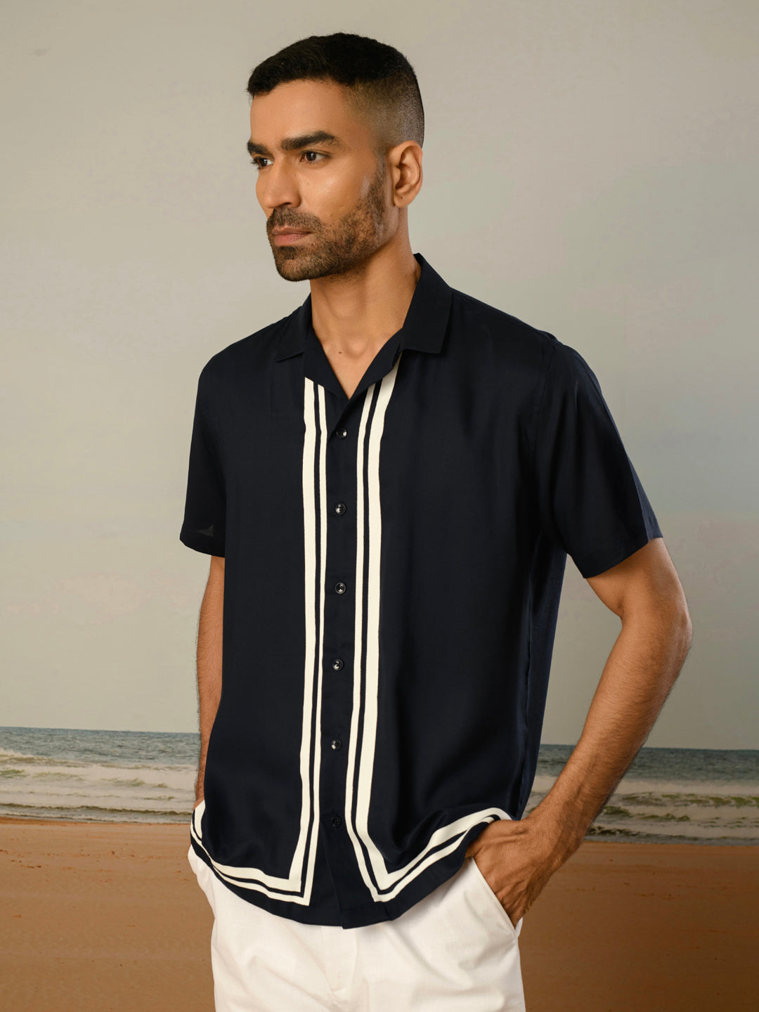 Navy Blue Printed Rayon Shirt