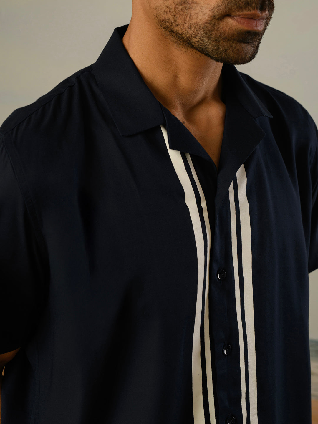 Navy Blue Printed Rayon Shirt