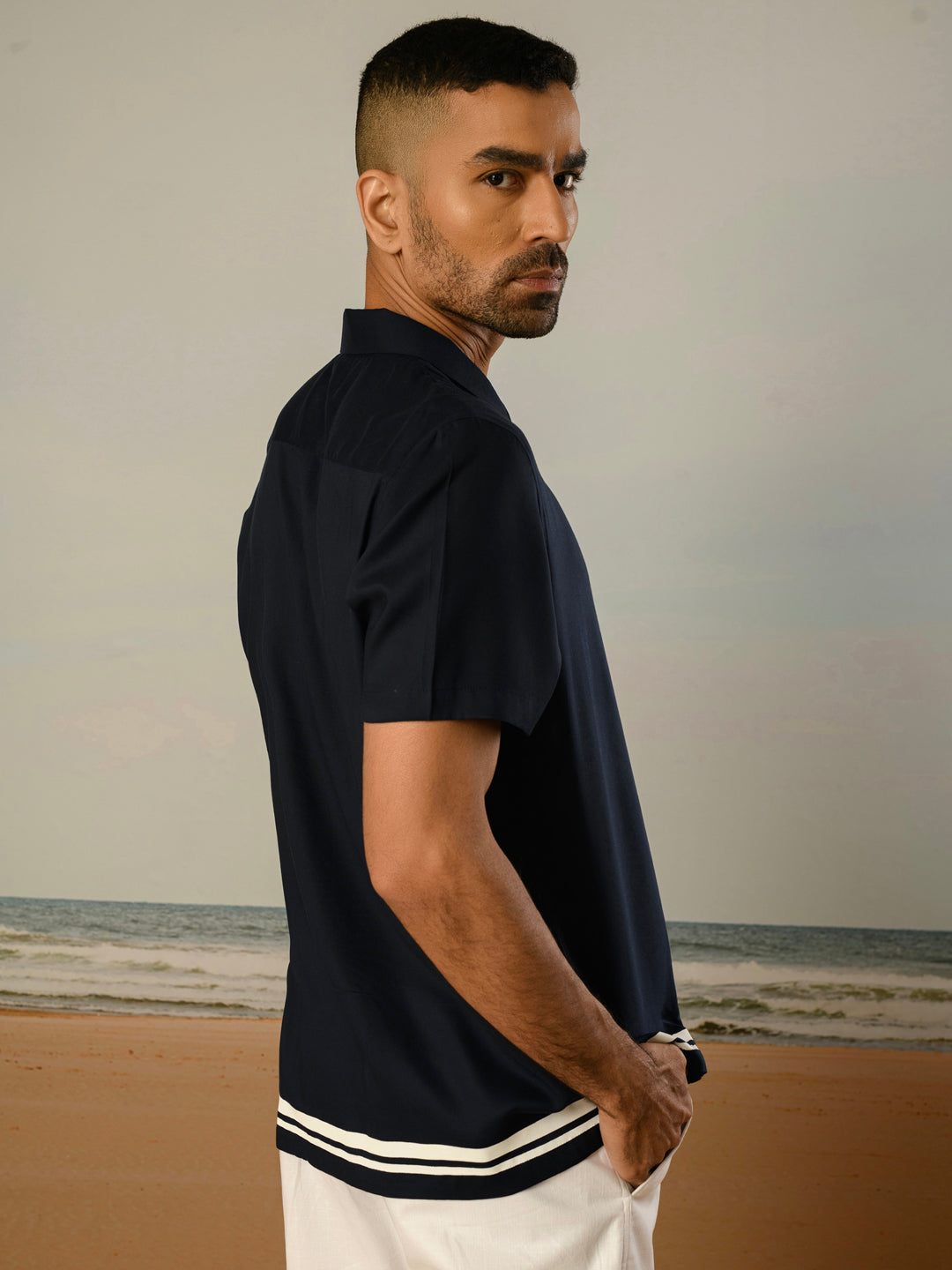 Navy Blue Printed Rayon Shirt