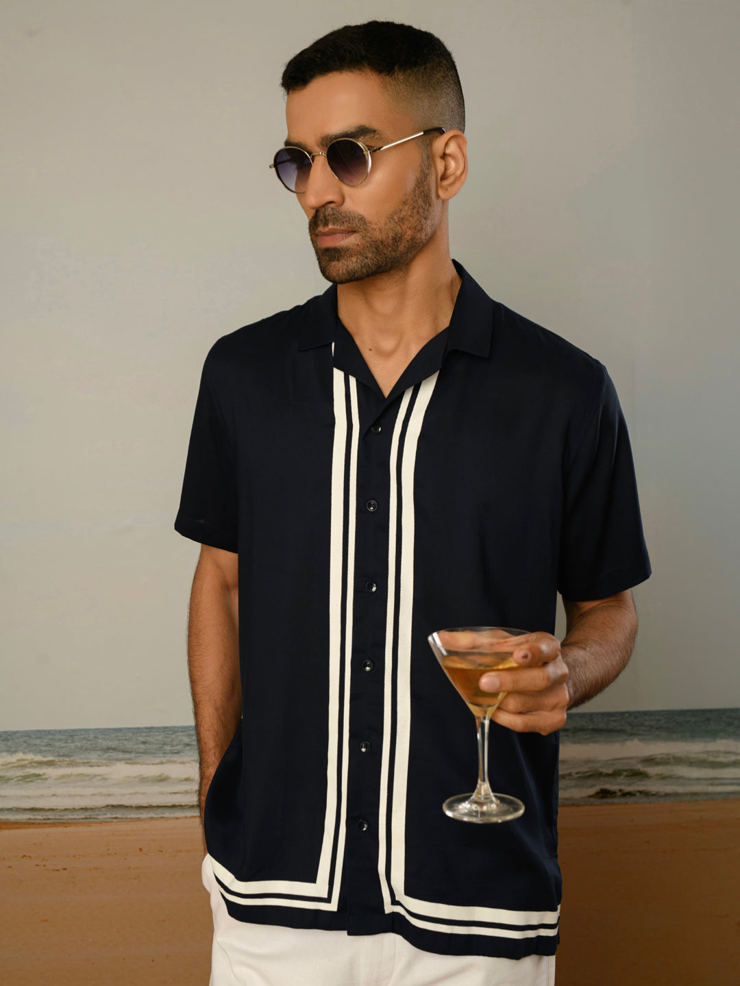 Navy Blue Printed Rayon Shirt