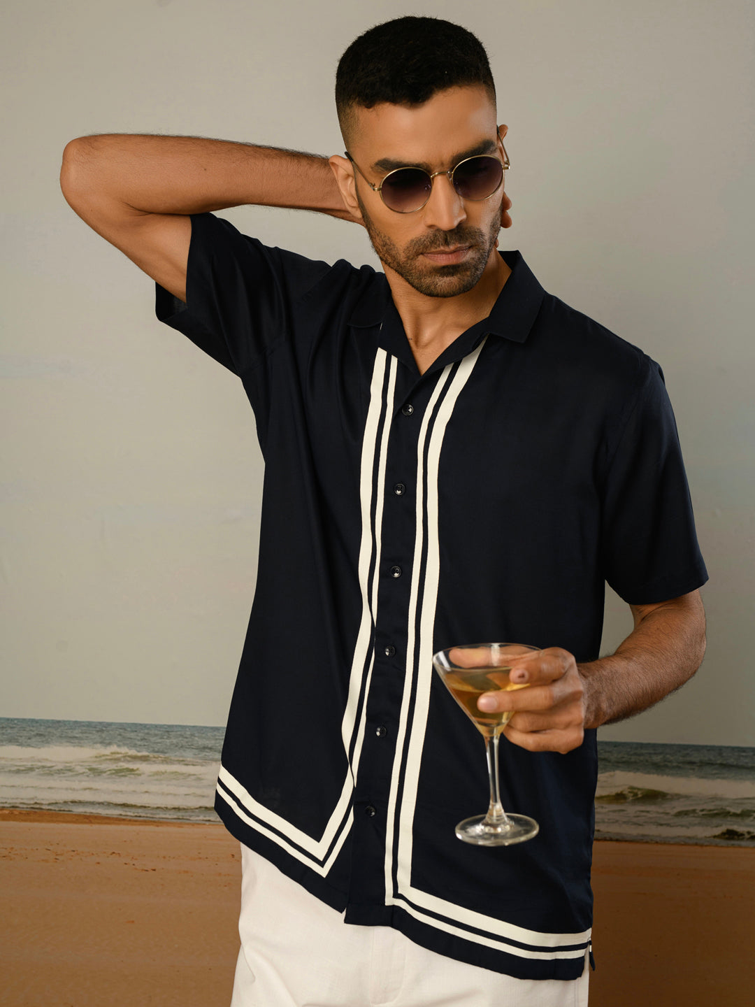 Navy Blue Printed Rayon Shirt