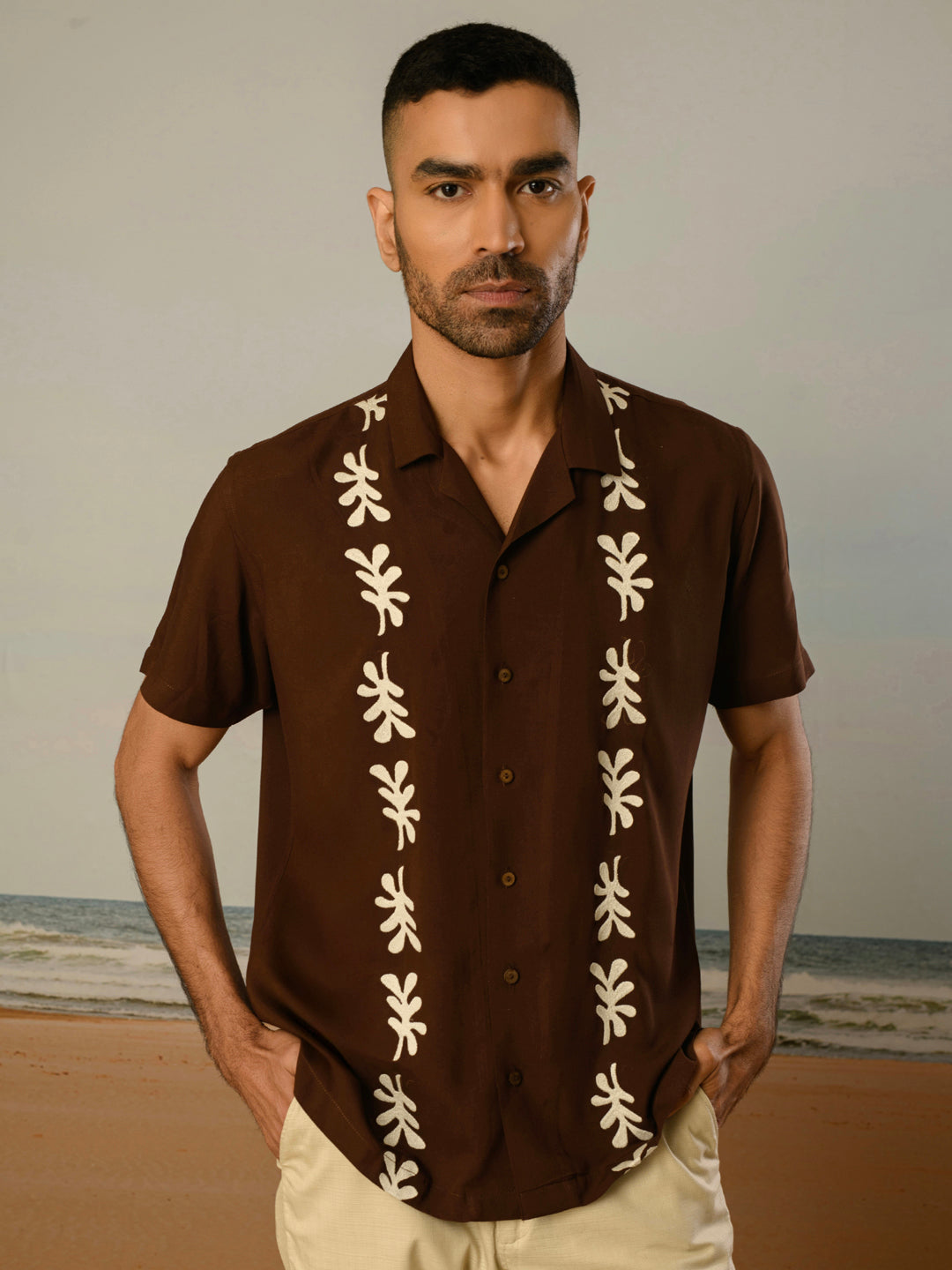 Brown Embroidery Rayon Shirt