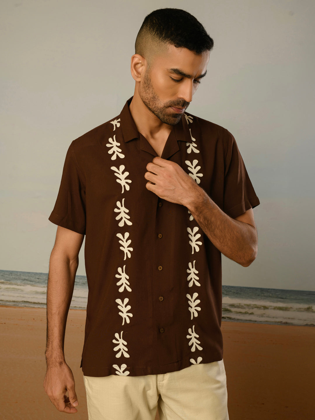 Brown Embroidery Rayon Shirt