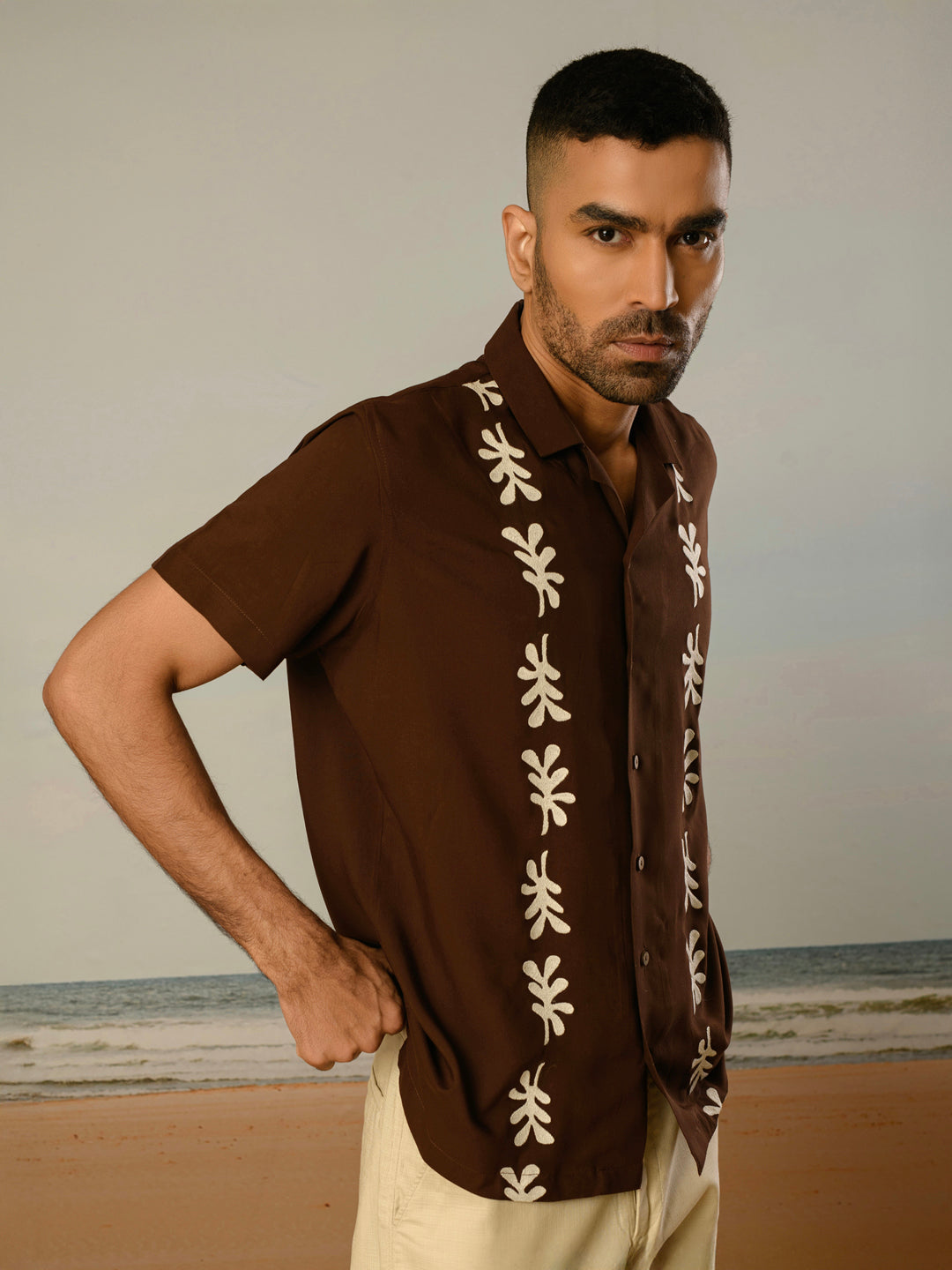 Brown Embroidery Rayon Shirt