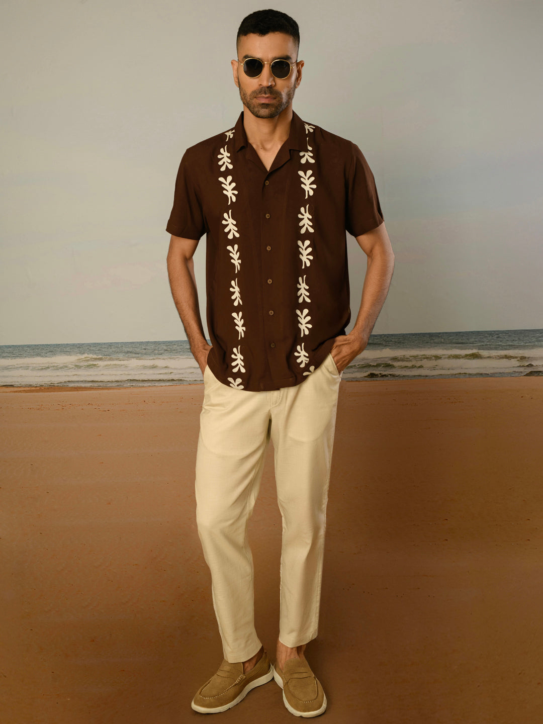 Brown Embroidery Rayon Shirt