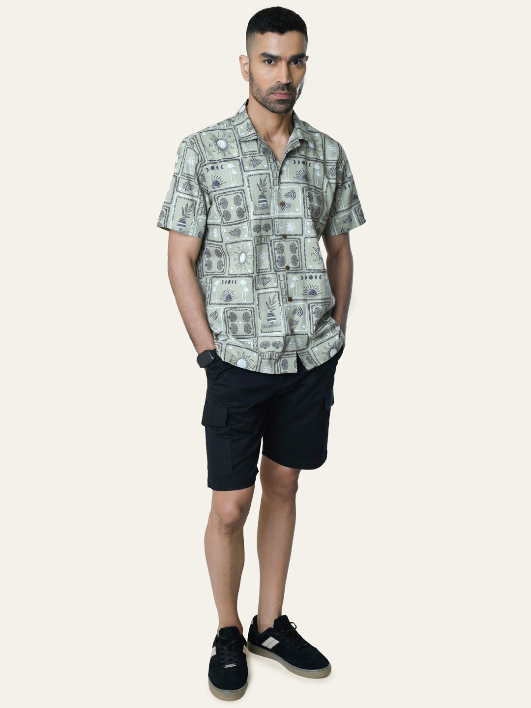 Pista Green Printed Cotton Shirt