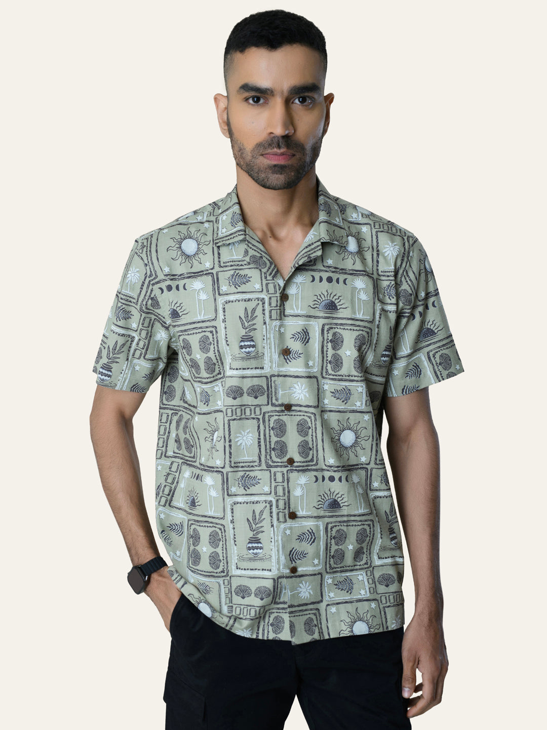 Pista Green Printed Cotton Shirt