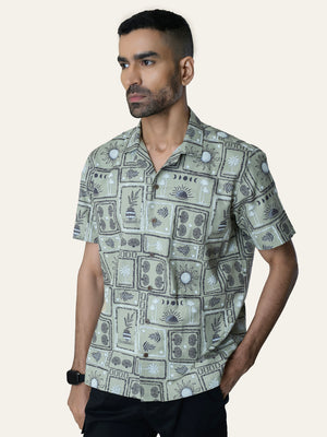 Pista Green Printed Cotton Shirt