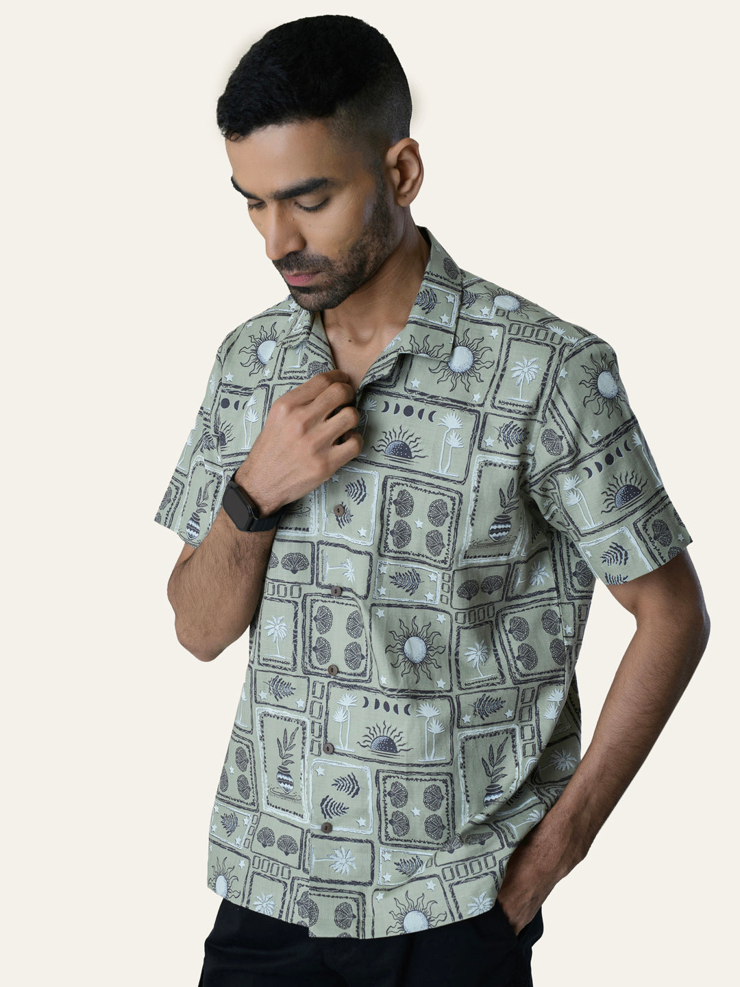Pista Green Printed Cotton Shirt