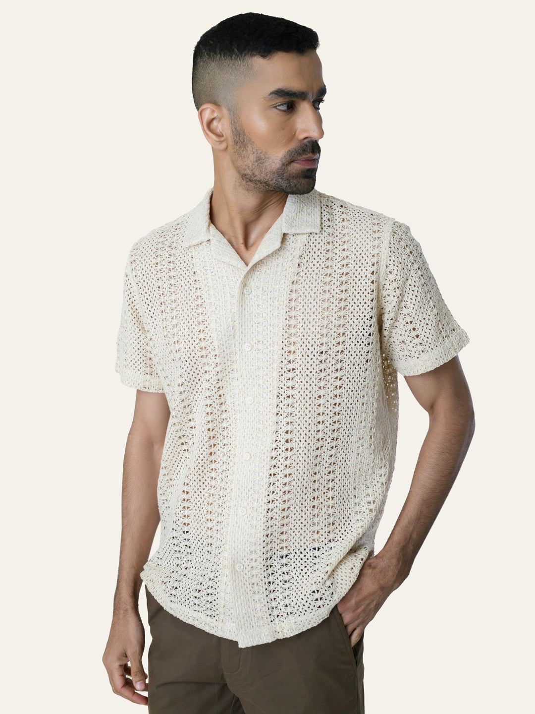 Cream Solid Crochet Shirt