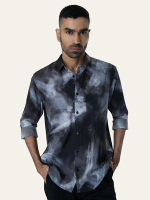 Black Abstract Printed Slim Fit Cotton Shirt
