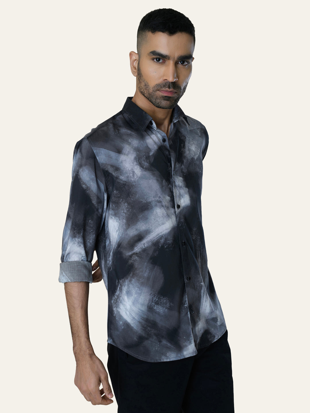 Black Abstract Printed Slim Fit Cotton Shirt