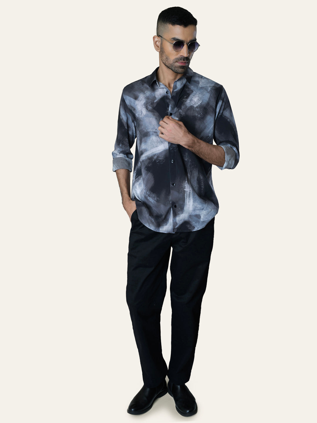 Black Abstract Printed Slim Fit Cotton Shirt