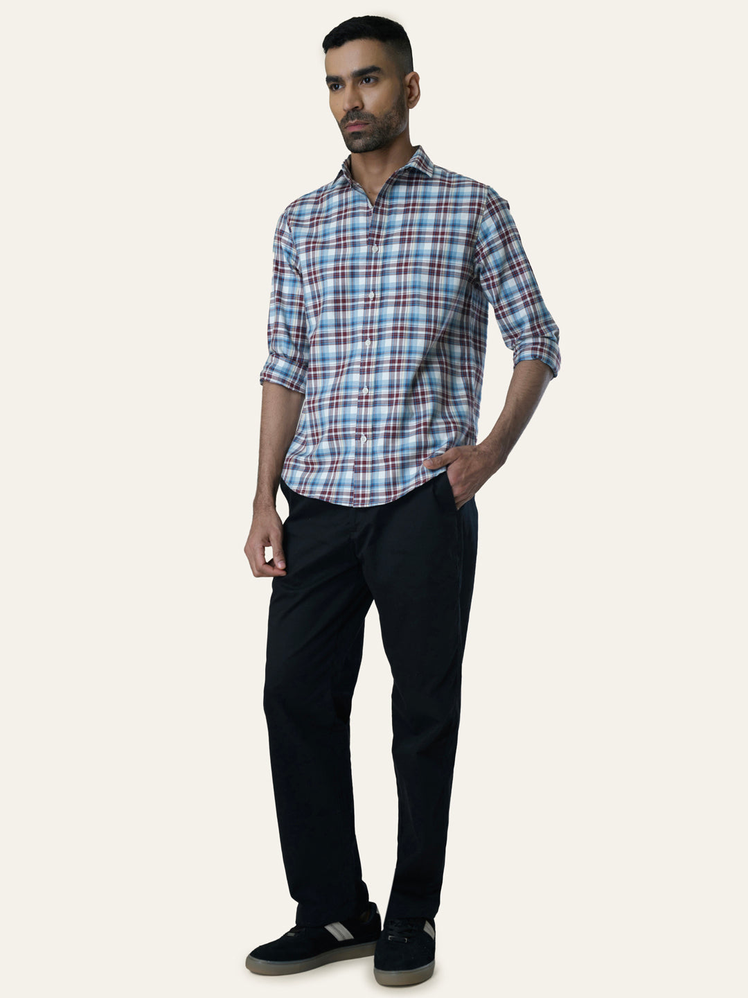 Blue & Red Cotton Checked Shirt