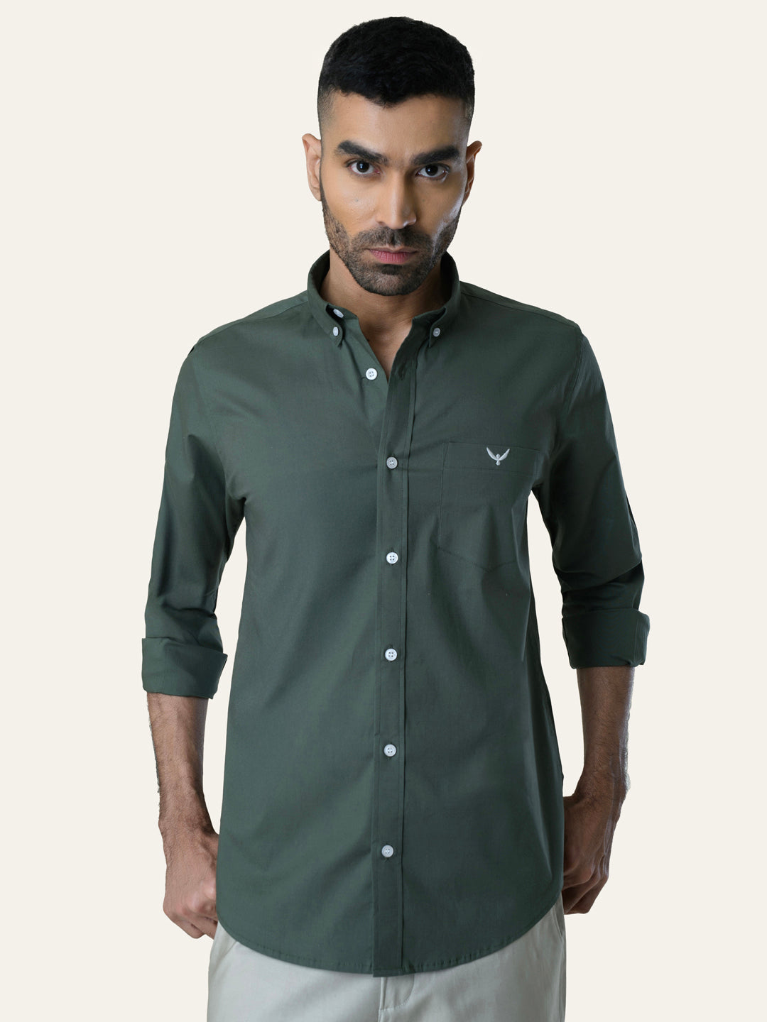 Bottle Green Solid Slim Fit Cotton Shirt