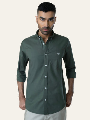 Bottle Green Solid Slim Fit Cotton Shirt