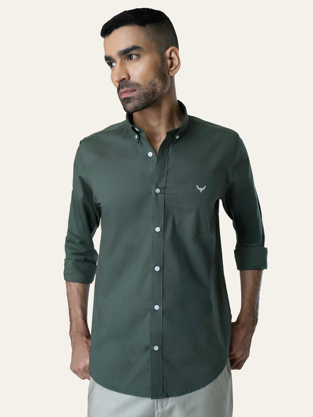 Bottle Green Solid Slim Fit Cotton Shirt