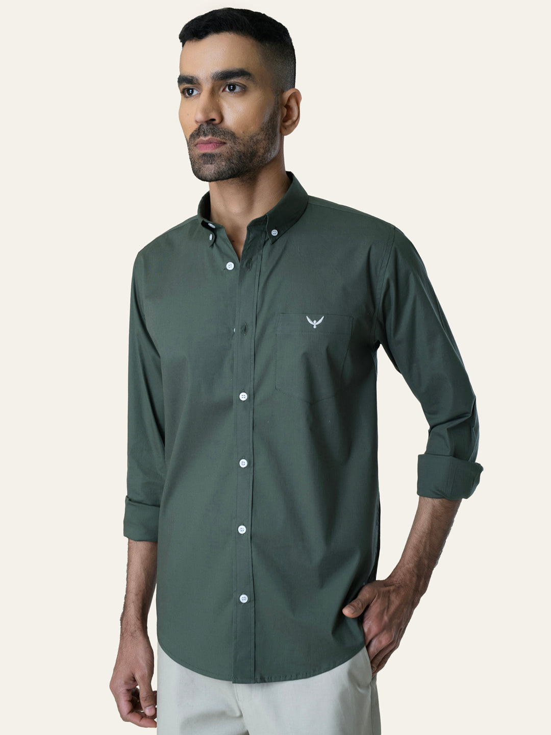 Bottle Green Solid Slim Fit Cotton Shirt