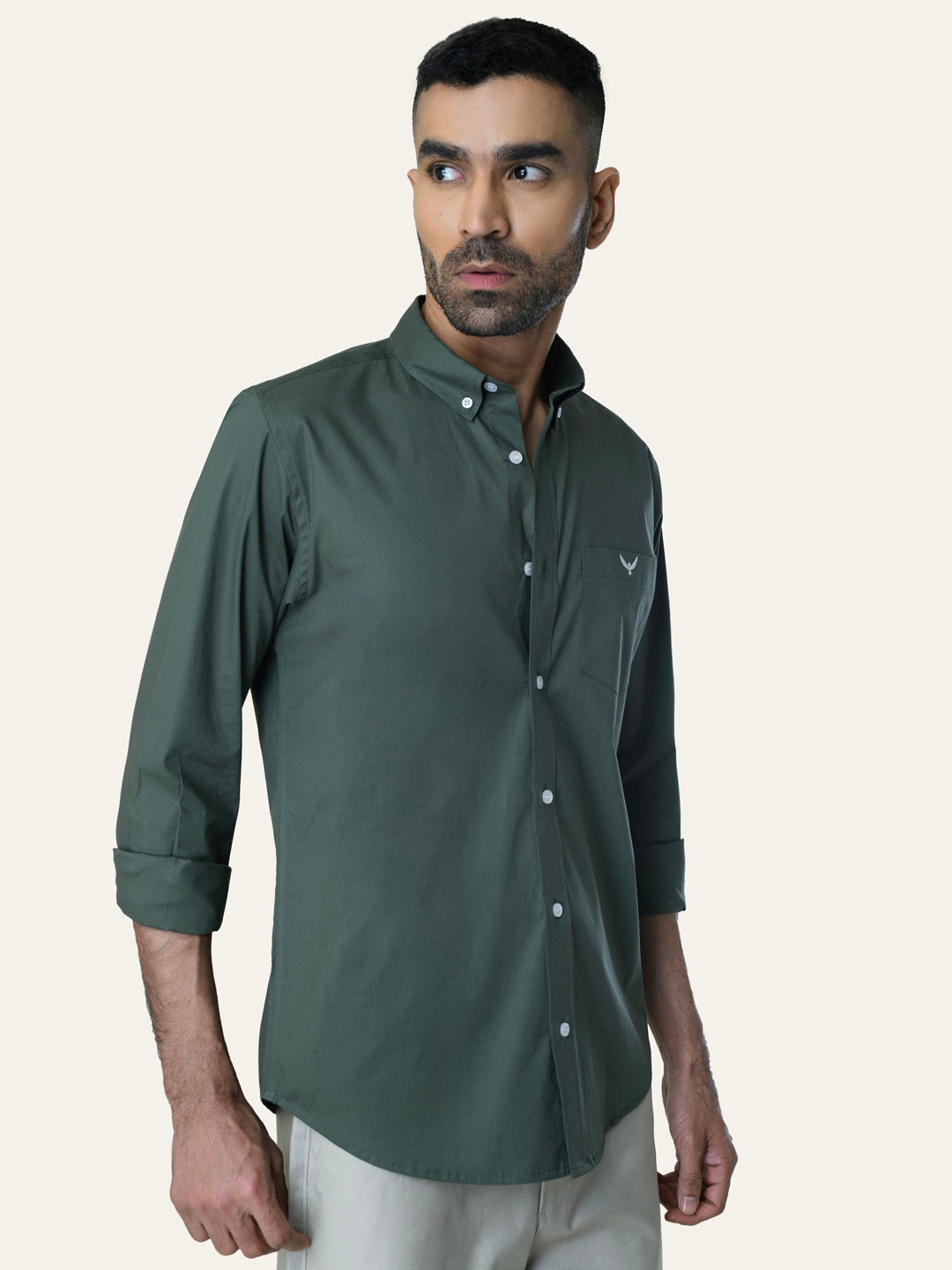Bottle Green Solid Slim Fit Cotton Shirt