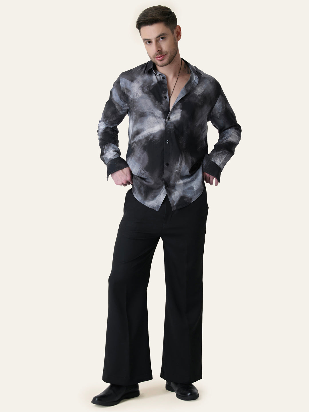 Black Solid Bell Bottom Pants