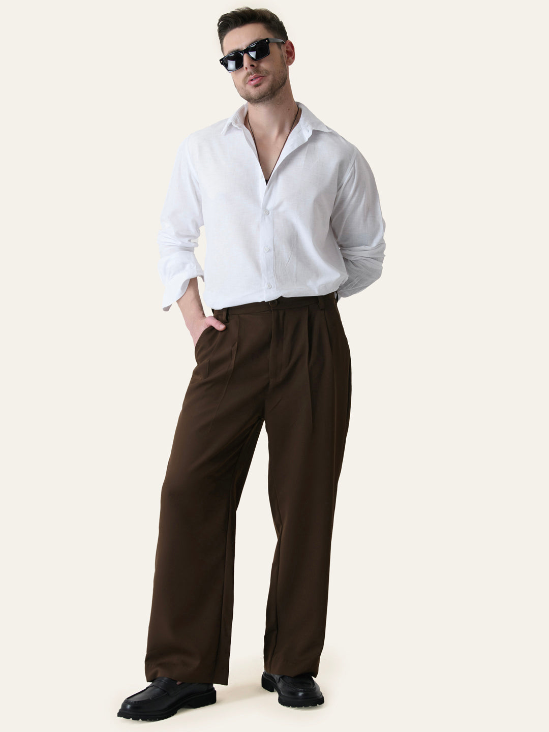 Brown Solid Pleated Korean Pants