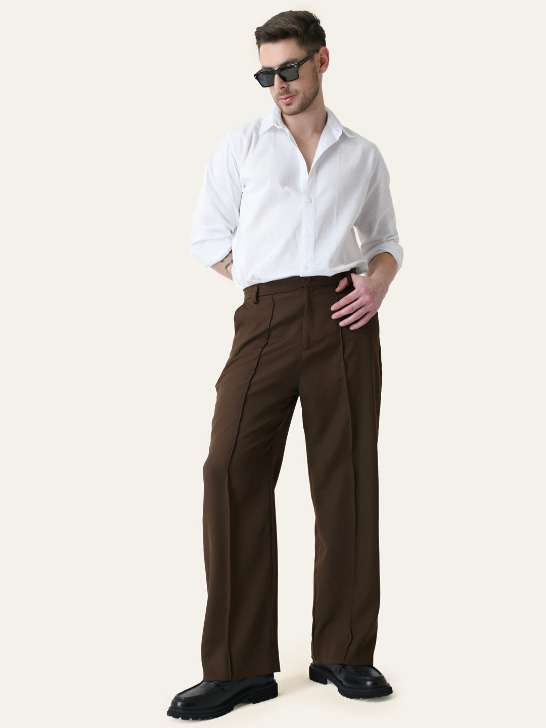 Brown Solid Pintuck Korean Pants