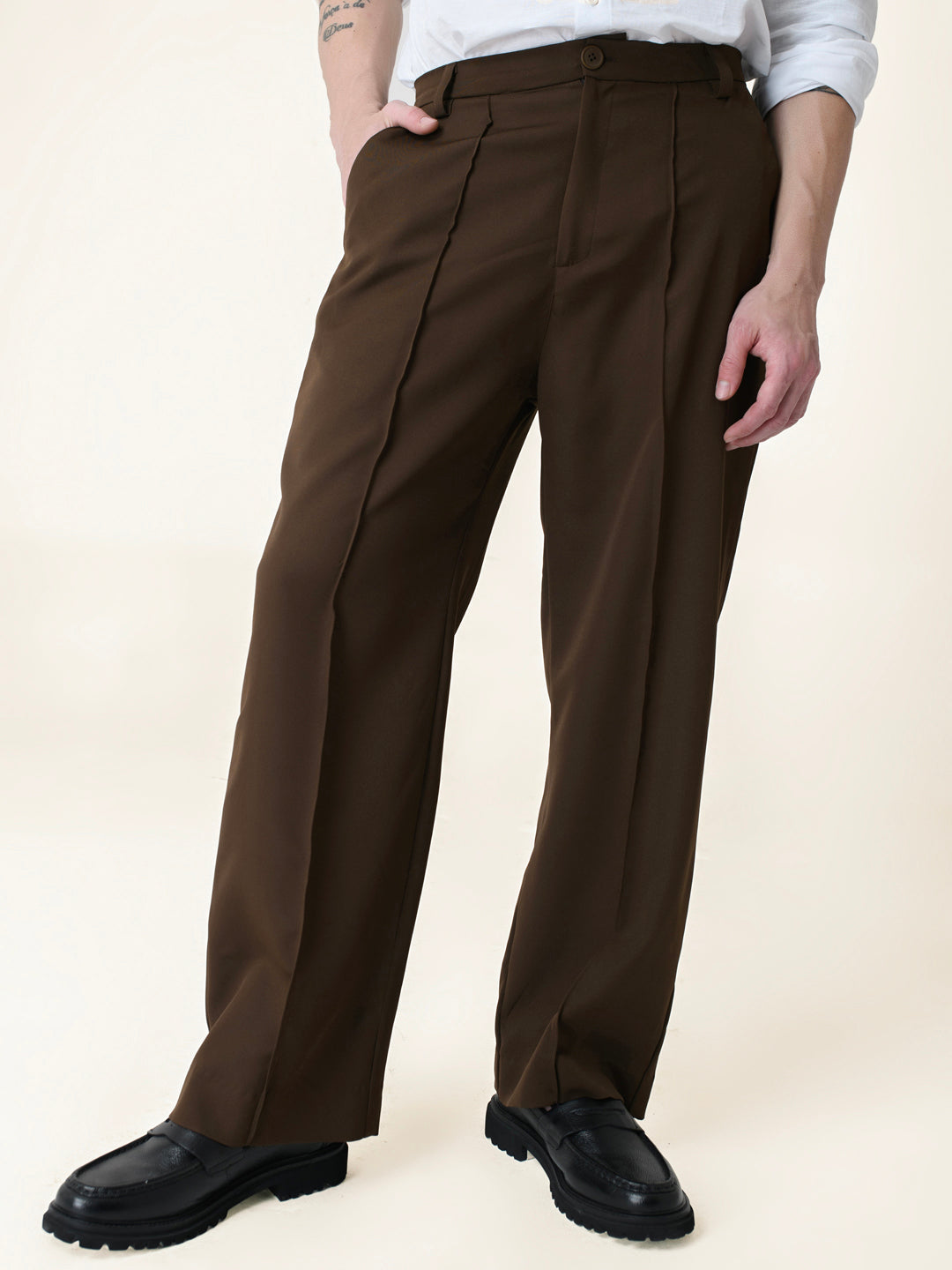 Brown Solid Pintuck Korean Pants