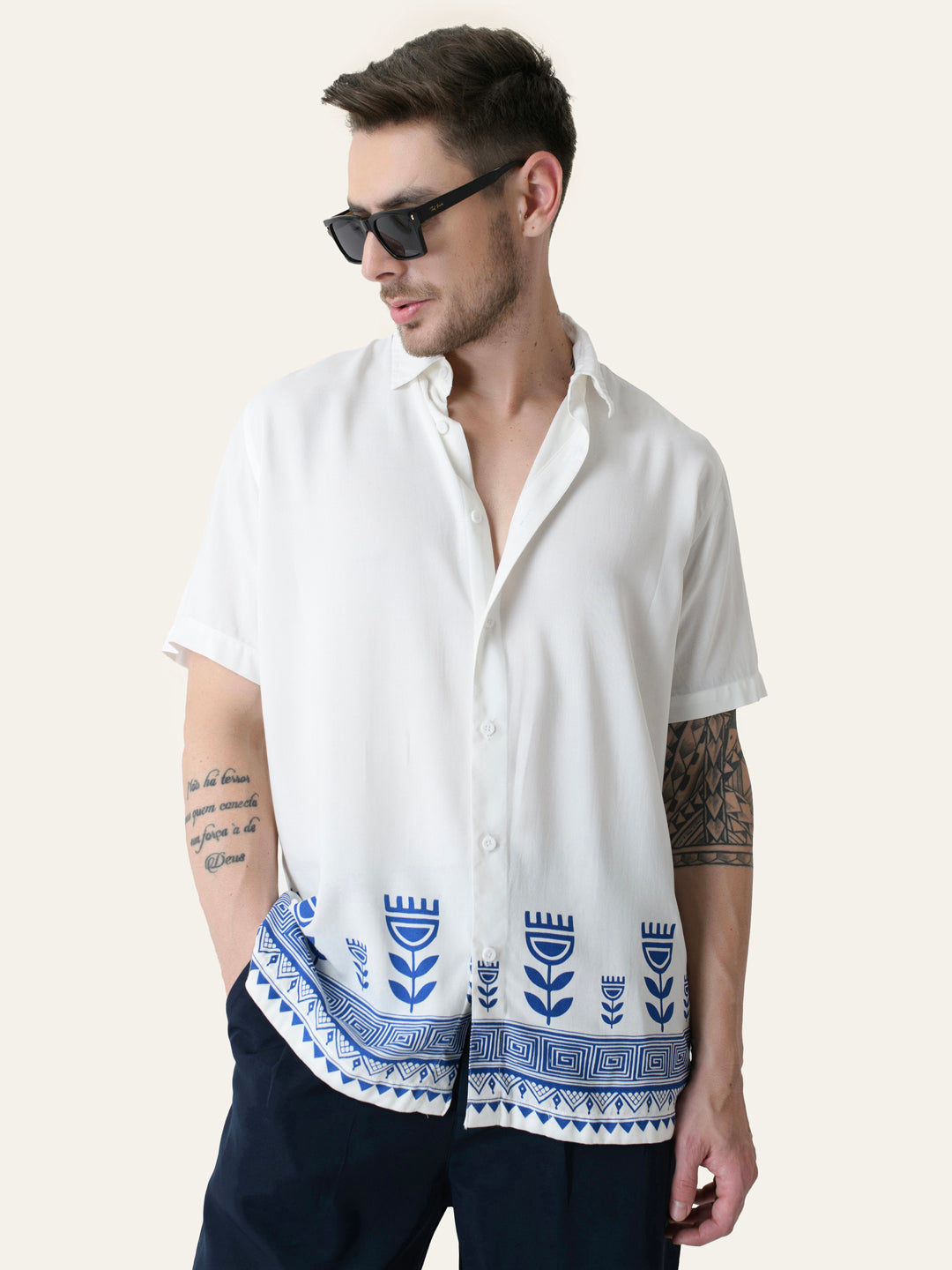 Off White Printed Rayon Shirt