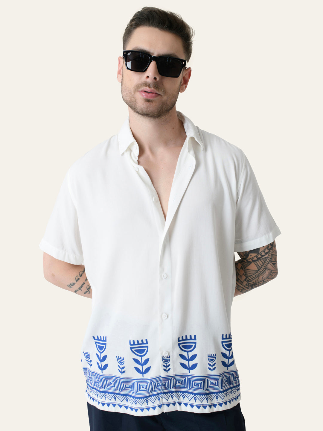 Off White Printed Rayon Shirt