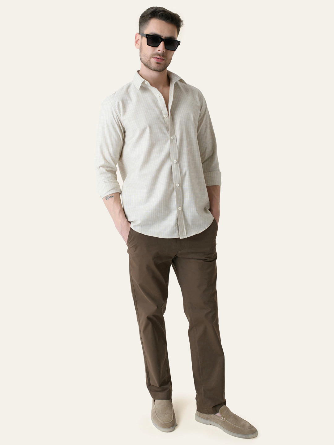 Beige Striped Slim Fit Linen Cotton Shirt