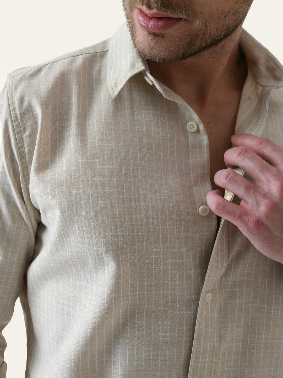 Beige Striped Slim Fit Linen Cotton Shirt