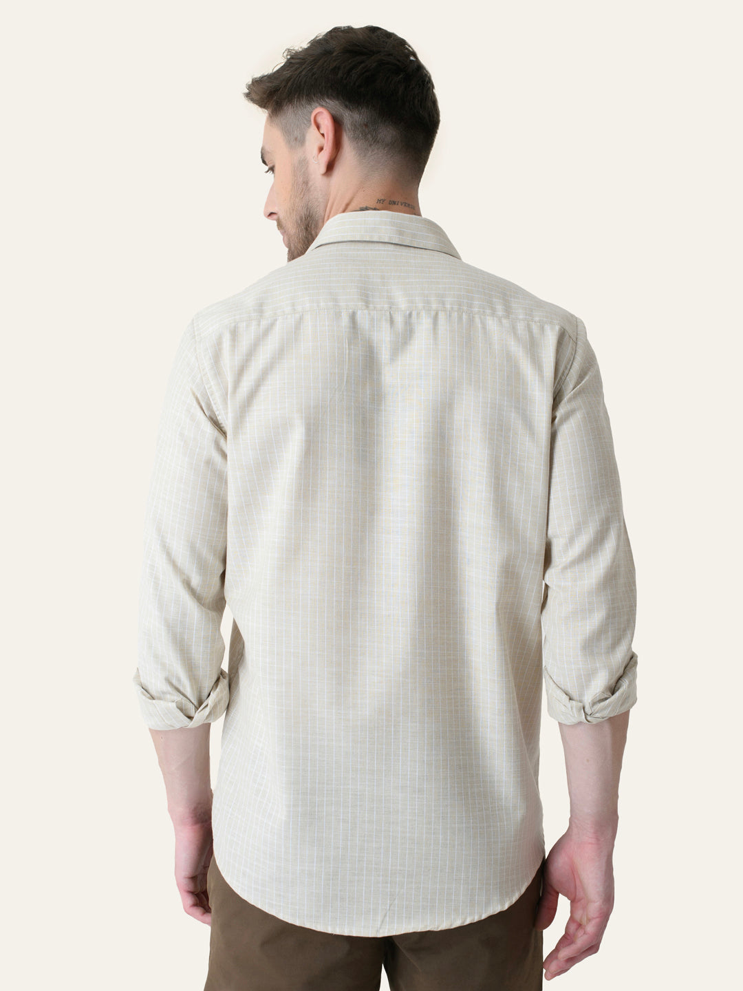 Beige Striped Slim Fit Linen Cotton Shirt