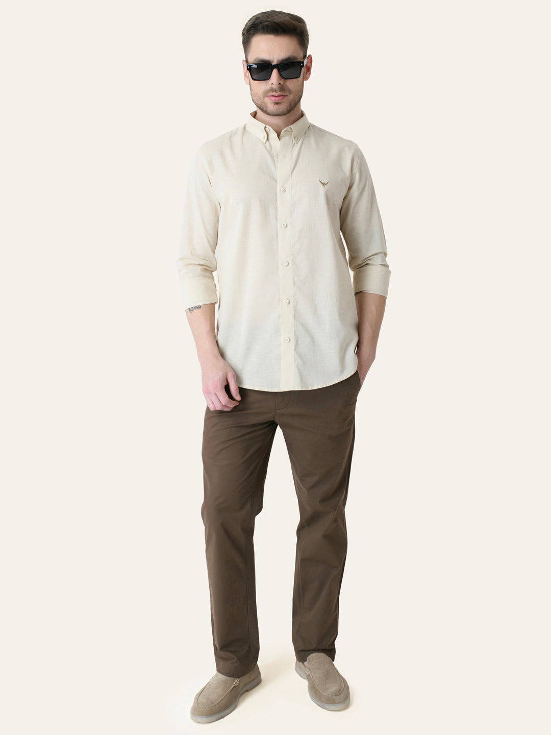 Cream Solid Slim Fit Linen Cotton Shirt