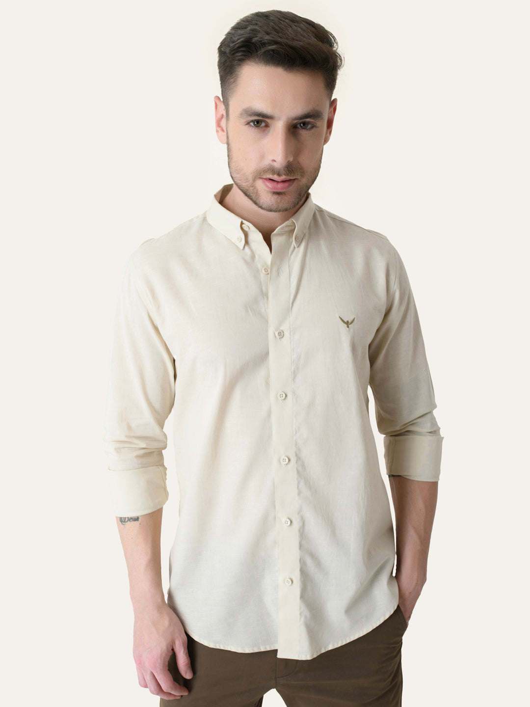 Cream Solid Slim Fit Linen Cotton Shirt