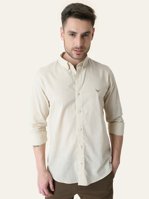 Cream Solid Slim Fit Linen Cotton Shirt