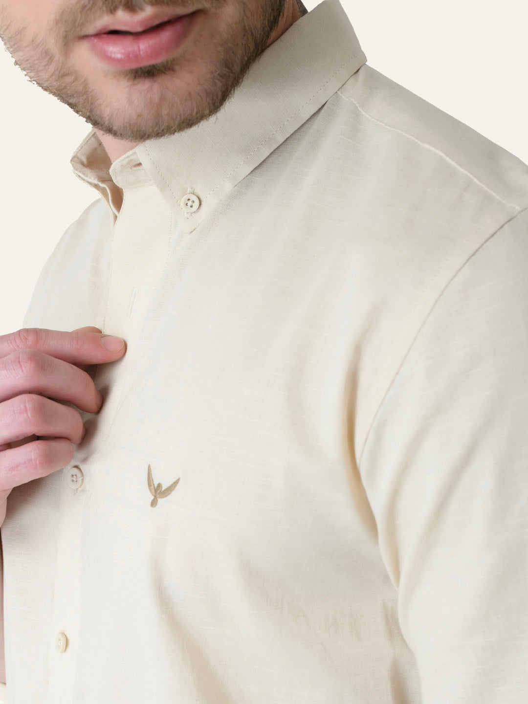 Cream Solid Slim Fit Linen Cotton Shirt